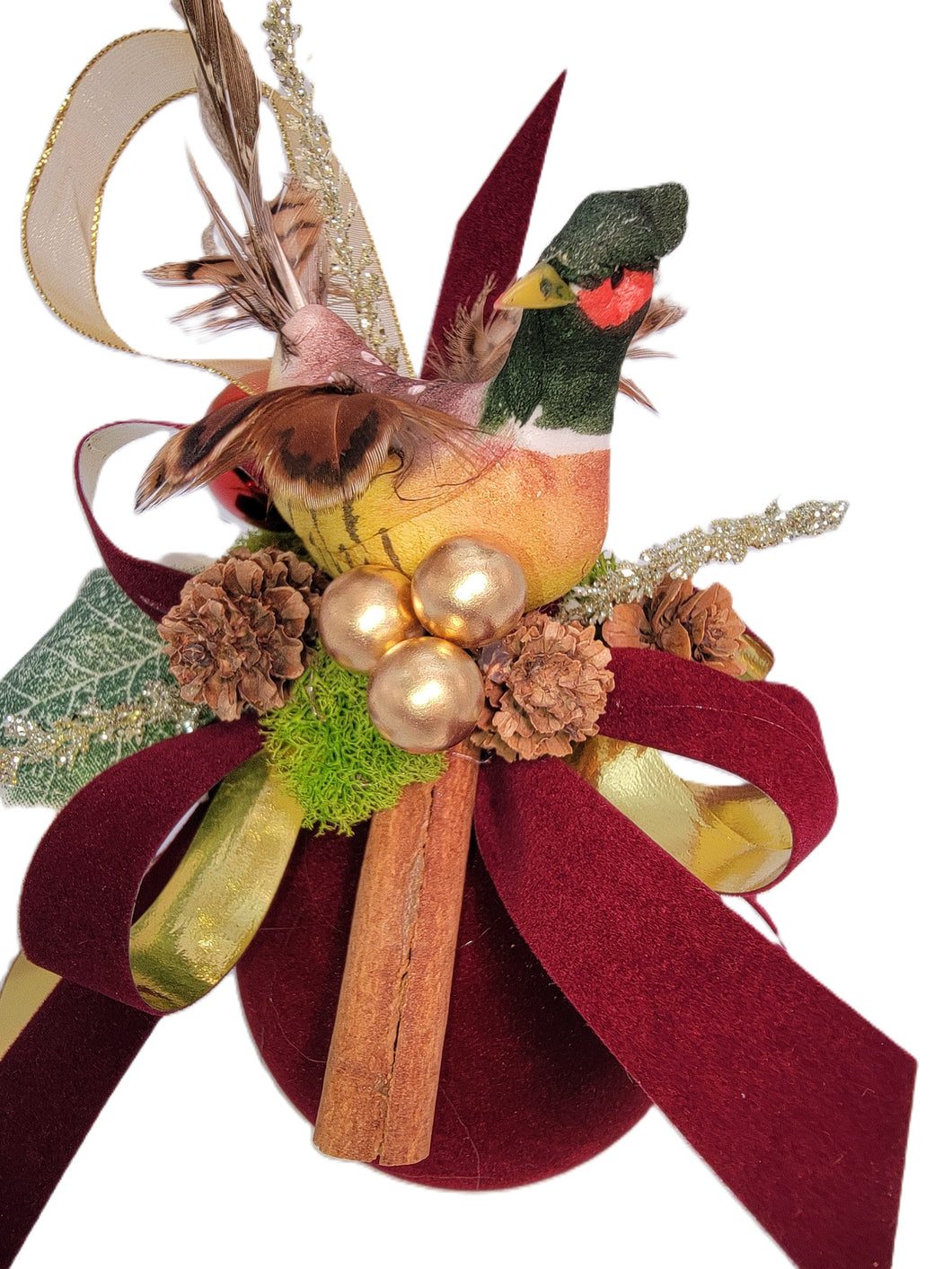 Pheasant on Burgundy Velvet Ball Ornament