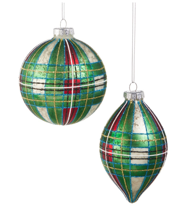 Green Tartan Plaid Glass Ornament